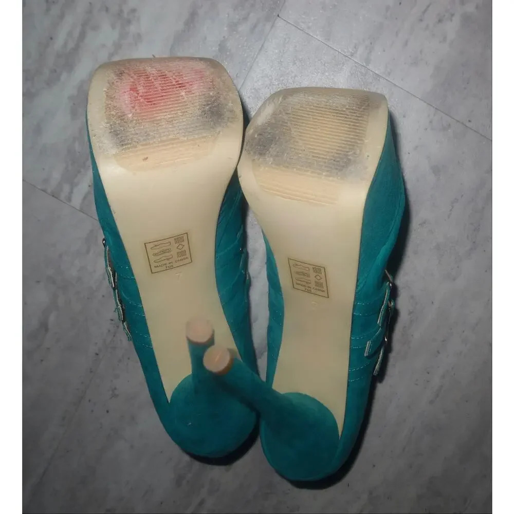Y2K Teal Platform Heels Triple Buckle Pumps
